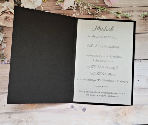 zaproszenia na 18 srebrne czarne zaproszenia na 18