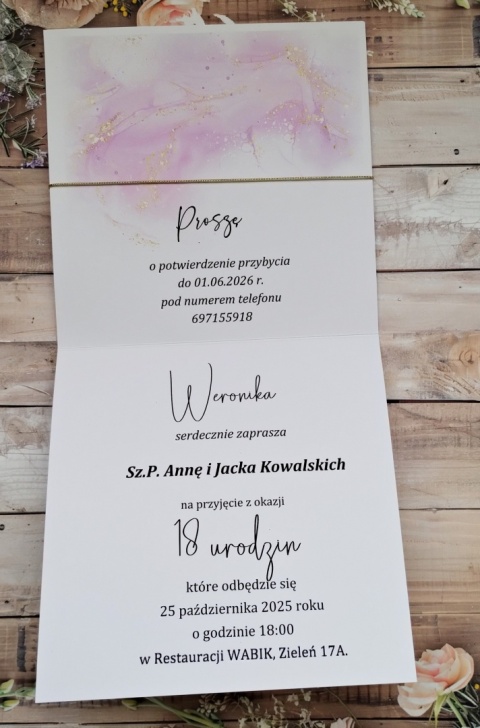 Zaproszenia na 18 fioletowe złote ciekawe zaproszenia na 18
